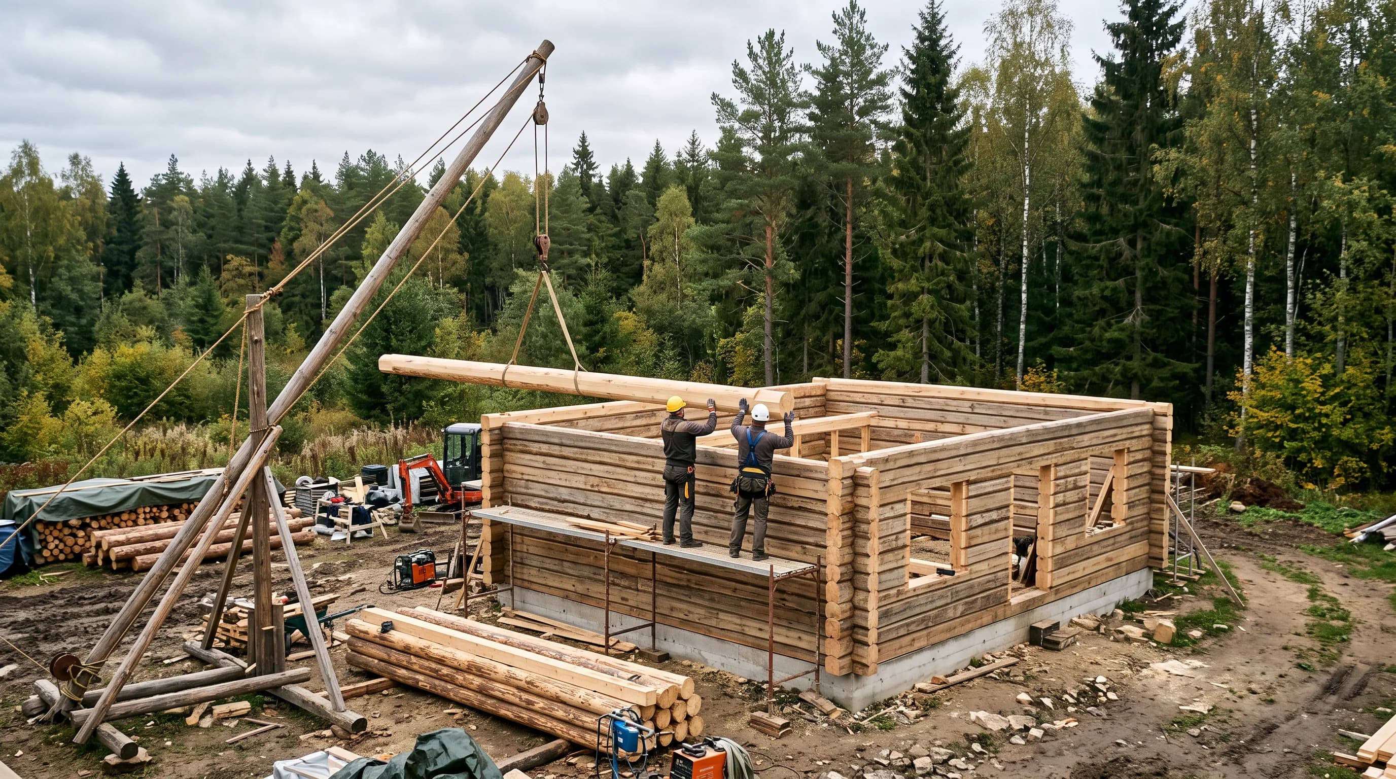 Uue palkmaja palgikarbi püstitus Eesti metsa ääres, kraana tõstab palki tellingutel seisvate töömeeste juurde